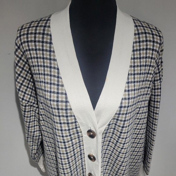 Barbour Women's Hebrides Plaid Cotton Cardigan Size 12 Cream Black Green Preppy - Picture 5 of 13